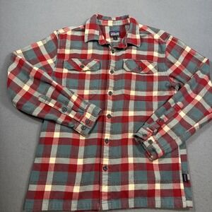 Patagonia Flannel Shirt Fjord MENS SMALL Flap Pockets Organic RED TEAL BLUE